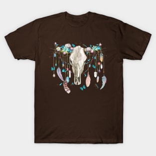 Butterflies Crystals And Flowers On A Cow Skull T-Shirt